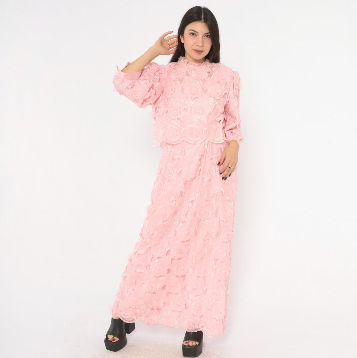80s Bernadette Designs Pink Maxi Dress Floral Embroidered Puff Sleeve Large L