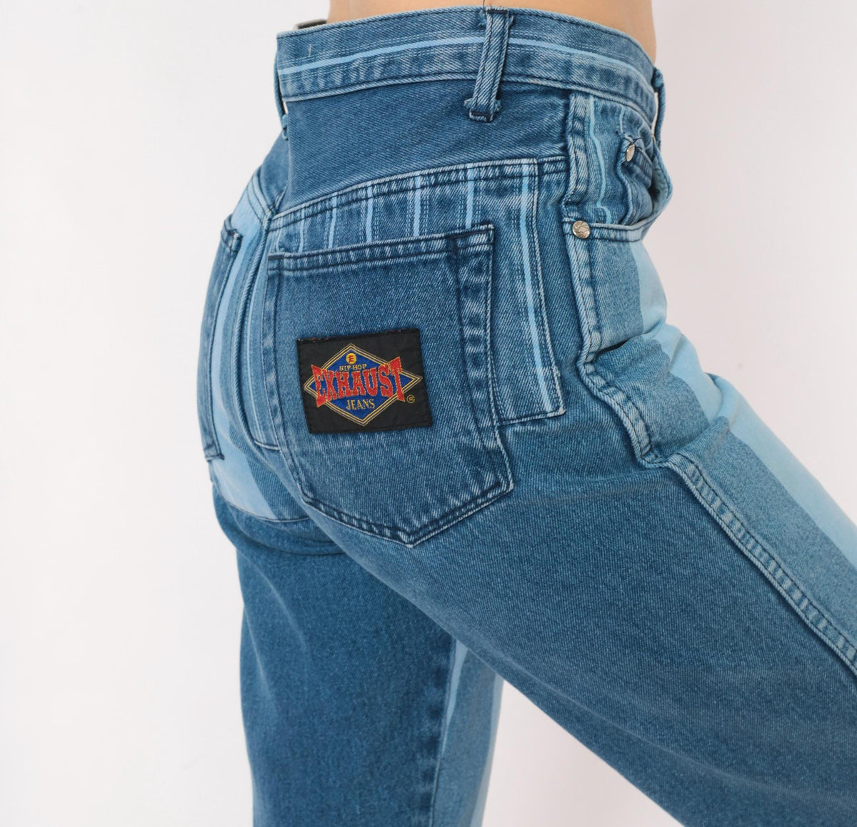 90s Exhaust Jeans Striped Denim Shorts Blue White Vertical Stripe High Waist Knee Length Small S