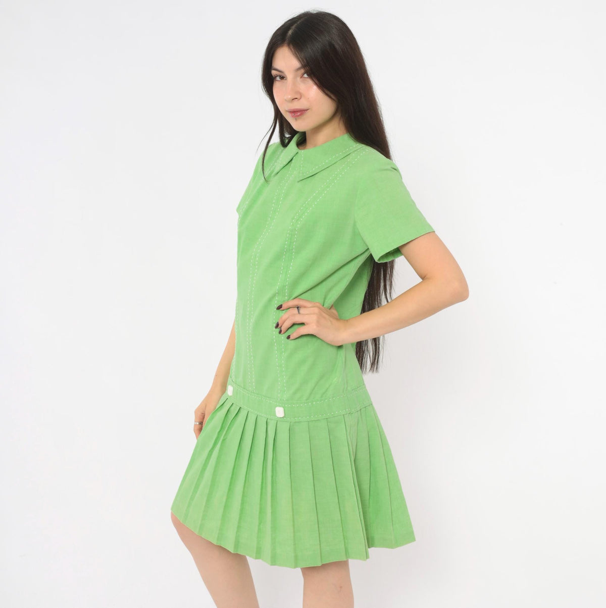 60s Mod Lime Green Shift Dress Peter Pan Collar Pleated Skirt Medium M
