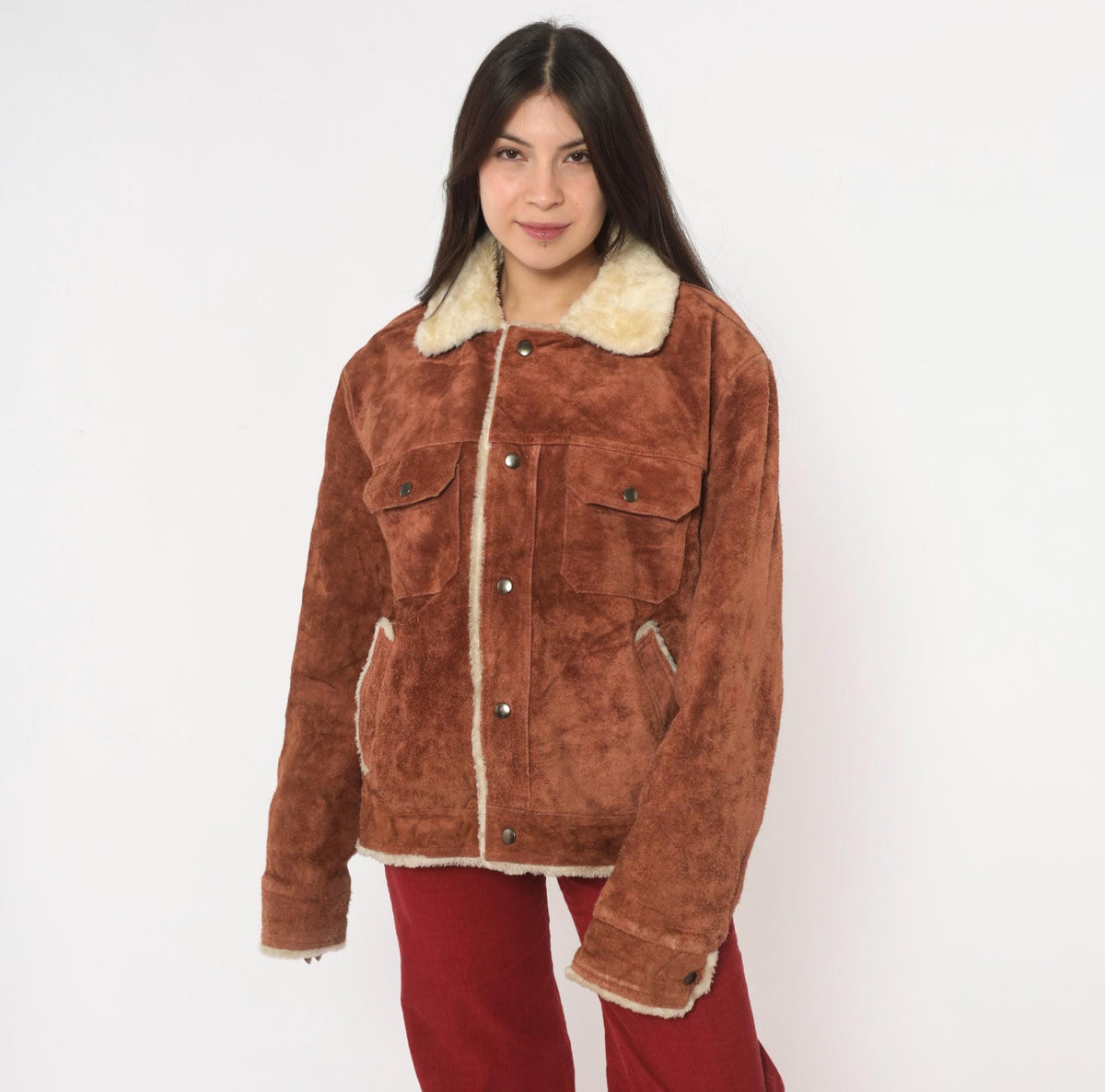 70s Grande Bay Brown Suede Trucker Jacket Shearling Lined Medium