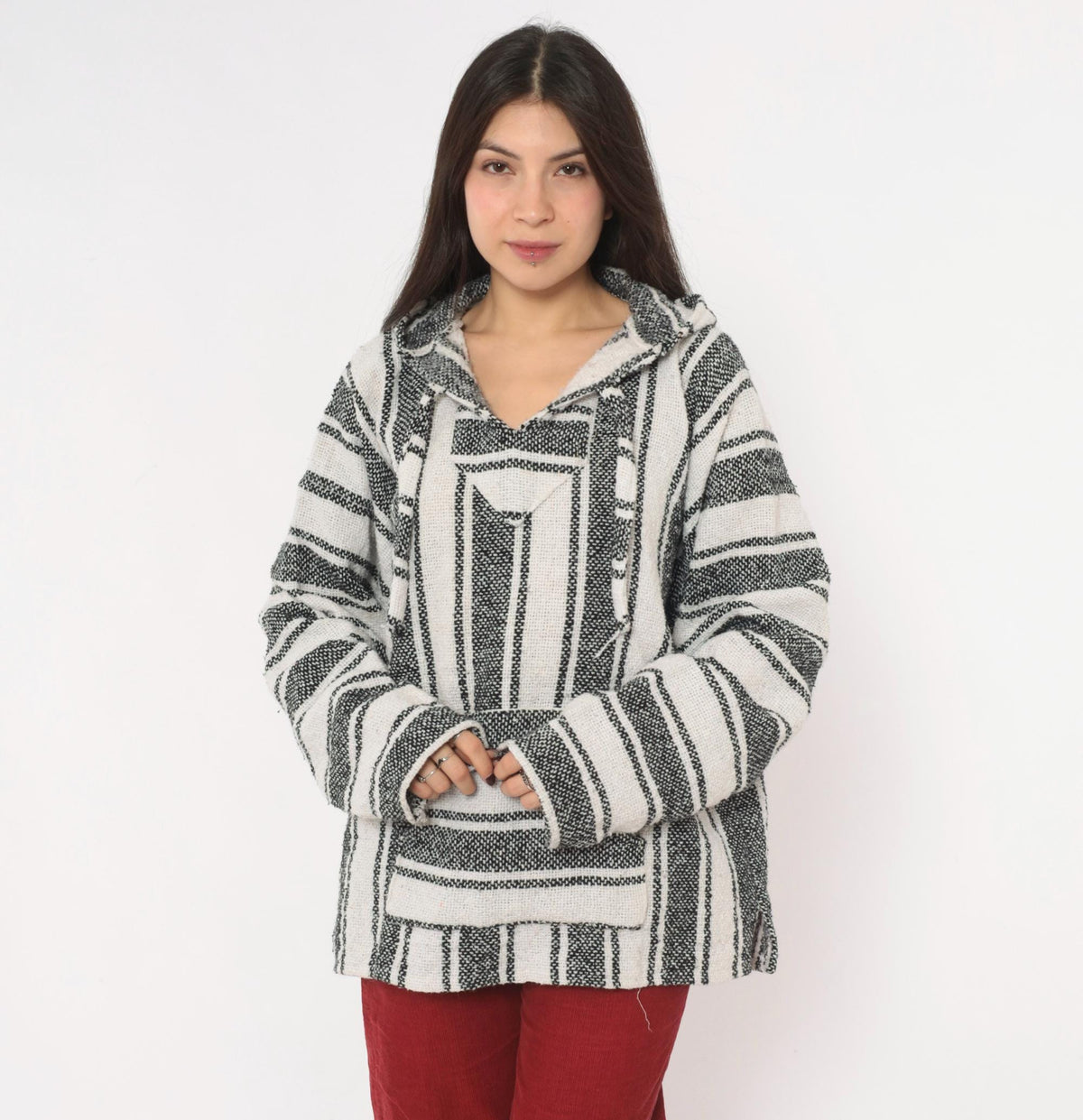 90s Baja Hoodie Black White Striped Woven Pullover Kangaroo Pocket Large L
