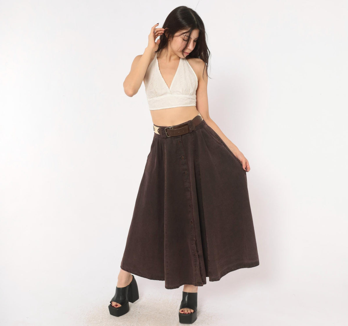 80s Burgundy Cotton Skirt Button Front A-Line High Waist Pockets Small S