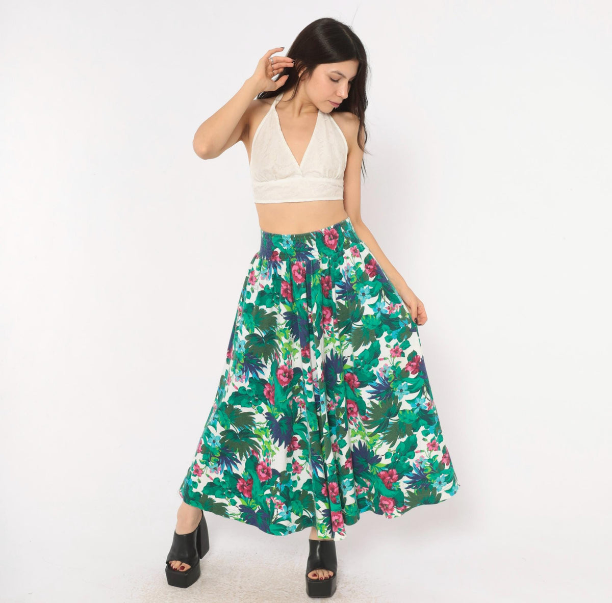 90s Dennis Goldsmith Tropical Floral Skirt Green Teal Pink Cotton Blend XS