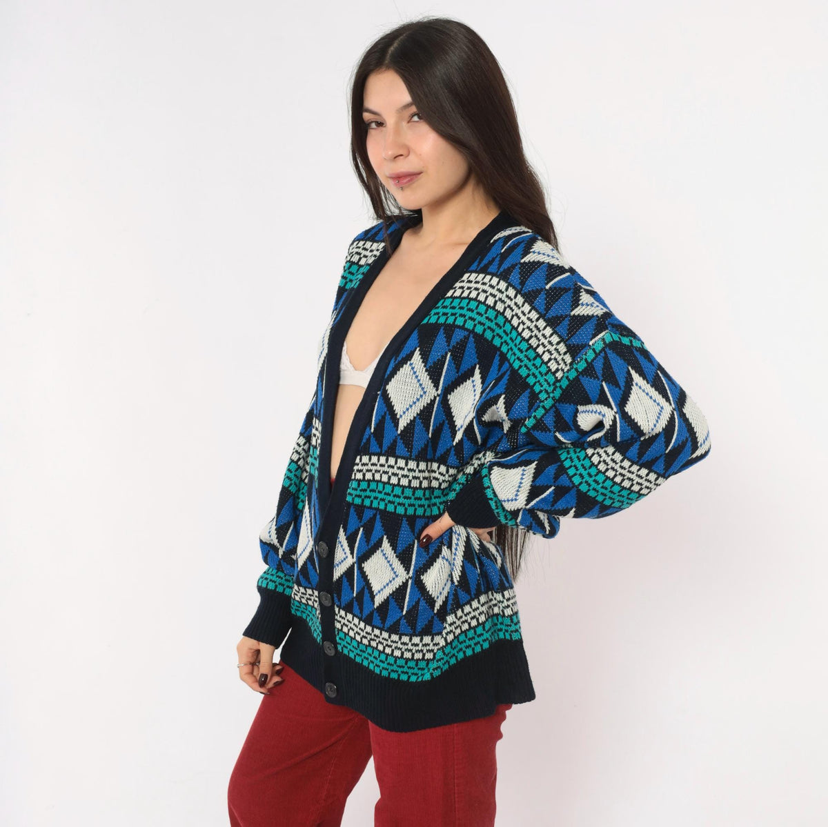 90s Sun Set High Way Geometric Knit Cardigan Navy Teal Diamond Fair Isle Large L
