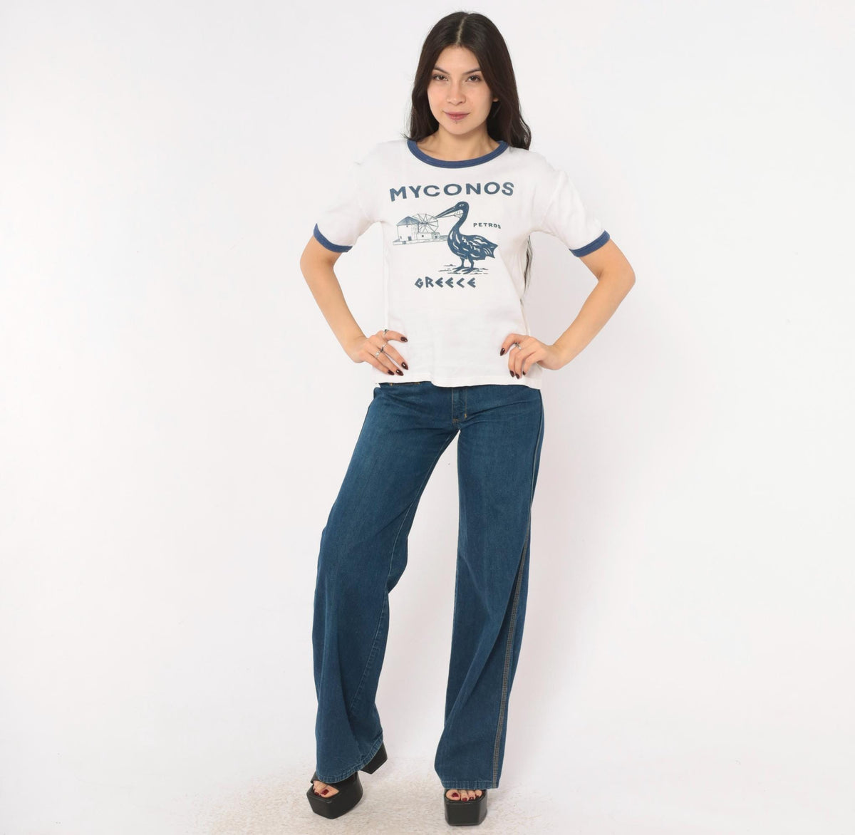 80s Mykonos Greece Ringer Tee White Navy Pelican Windmill Cotton Medium