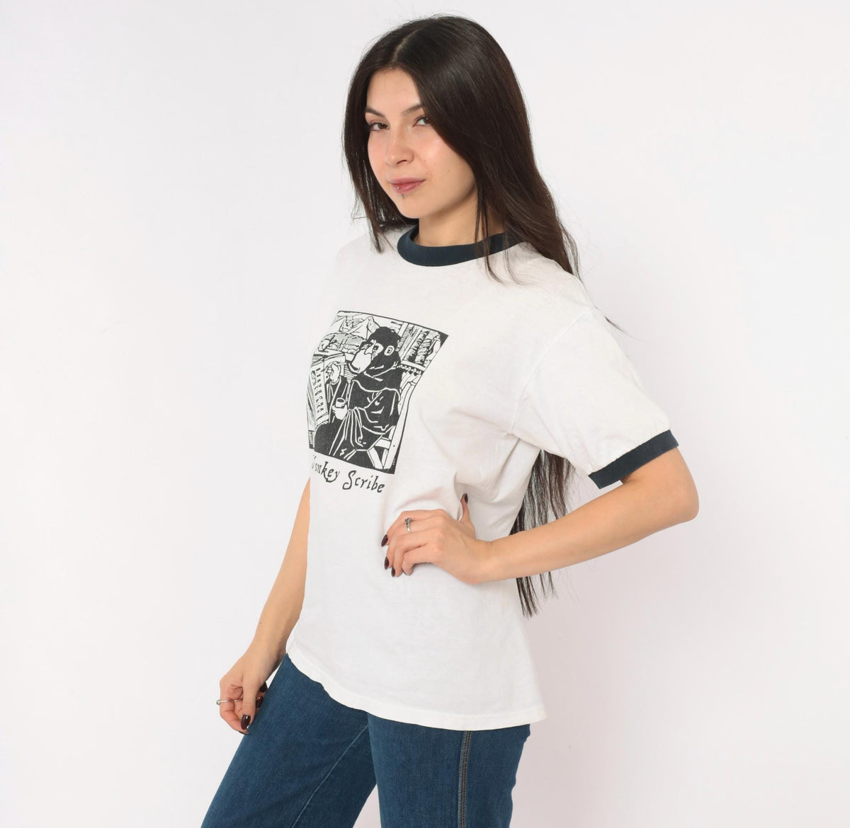 90s Anvil Monkey Scribe Ringer Tee Woodcut Print White Black Small
