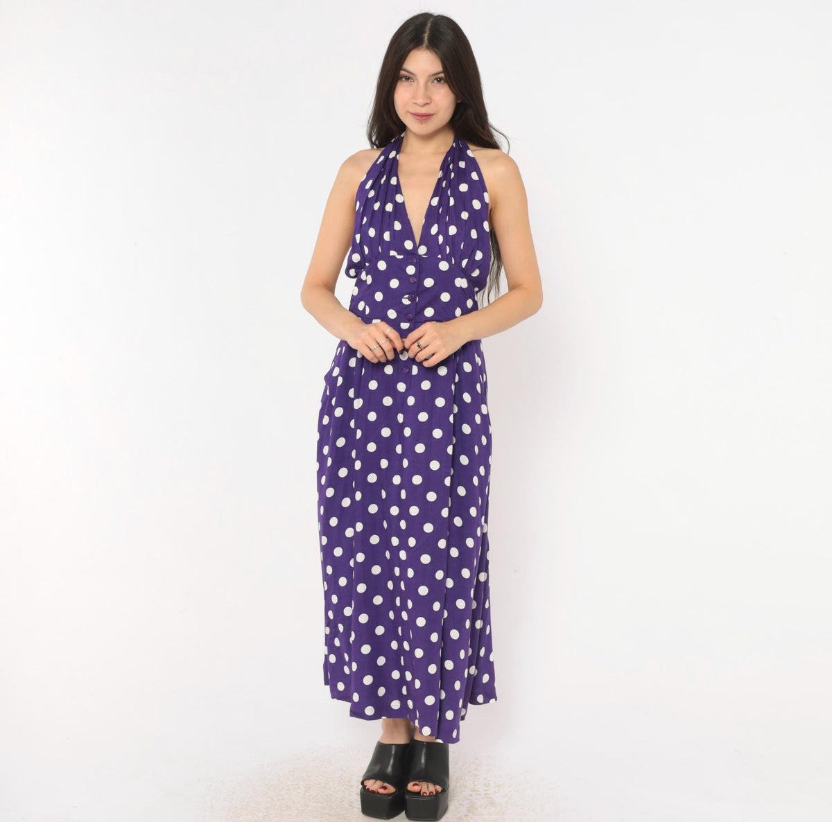 Y2K Purple White Polka Dot Halter Midi Dress Backless Rayon Large