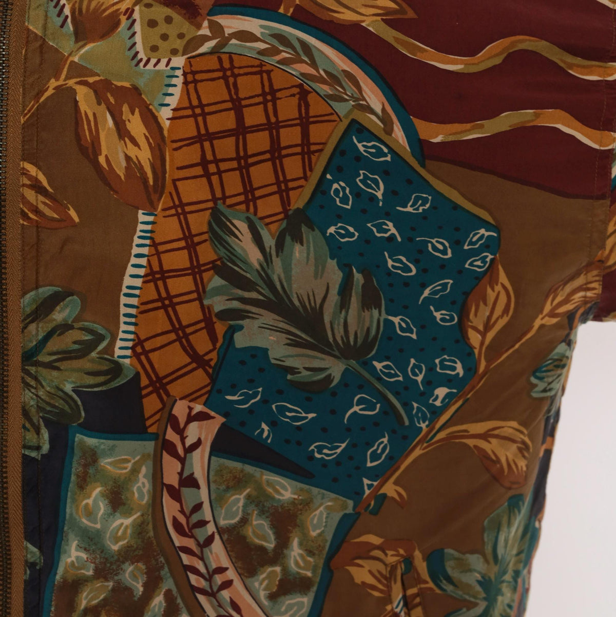 90s EVR Silk Bomber Jacket Tan Patchwork Leaf Print Unisex Large L