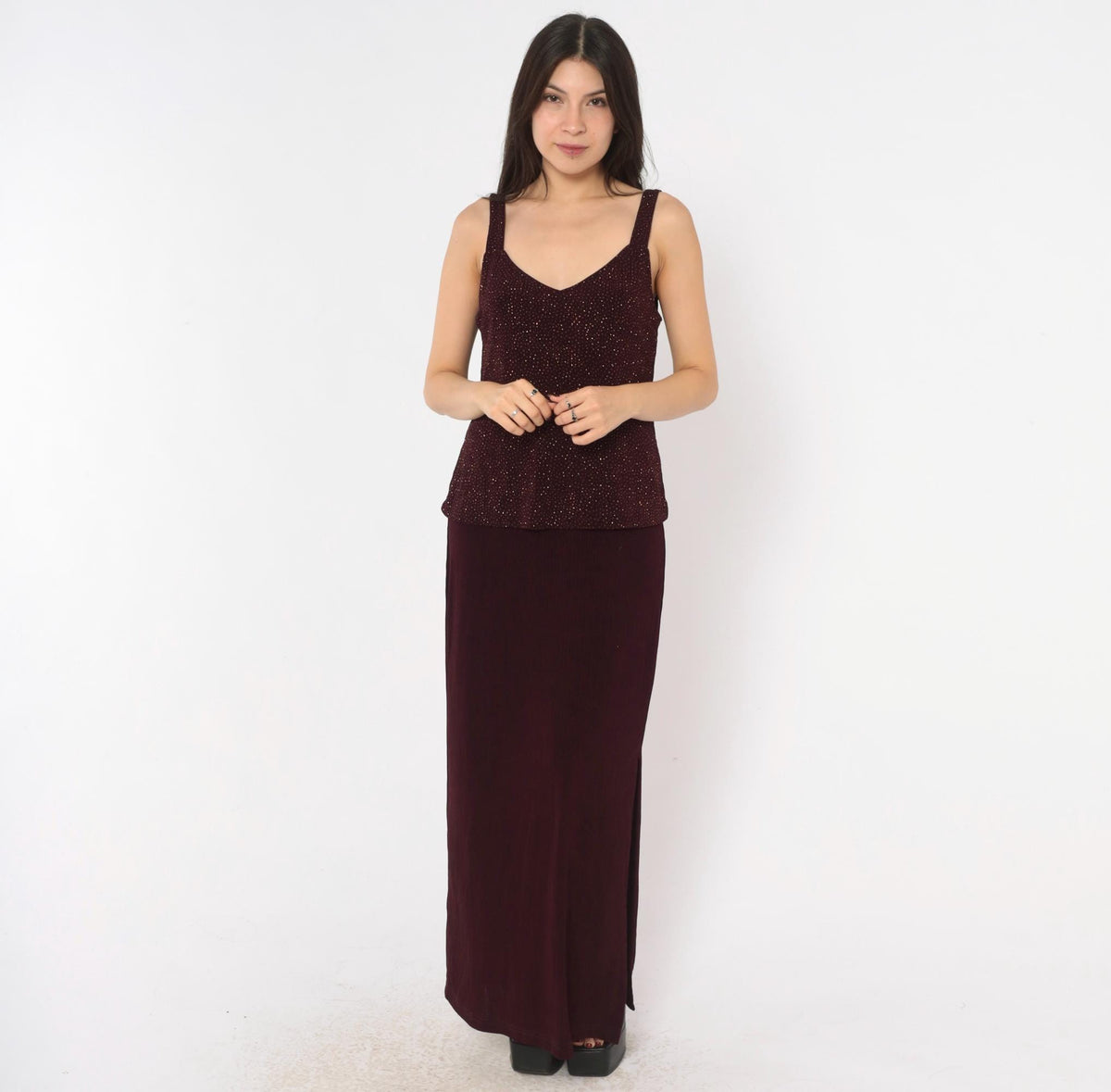 90s R&M Richards Burgundy Glitter Maxi Dress V-Neck Sleeveless Medium