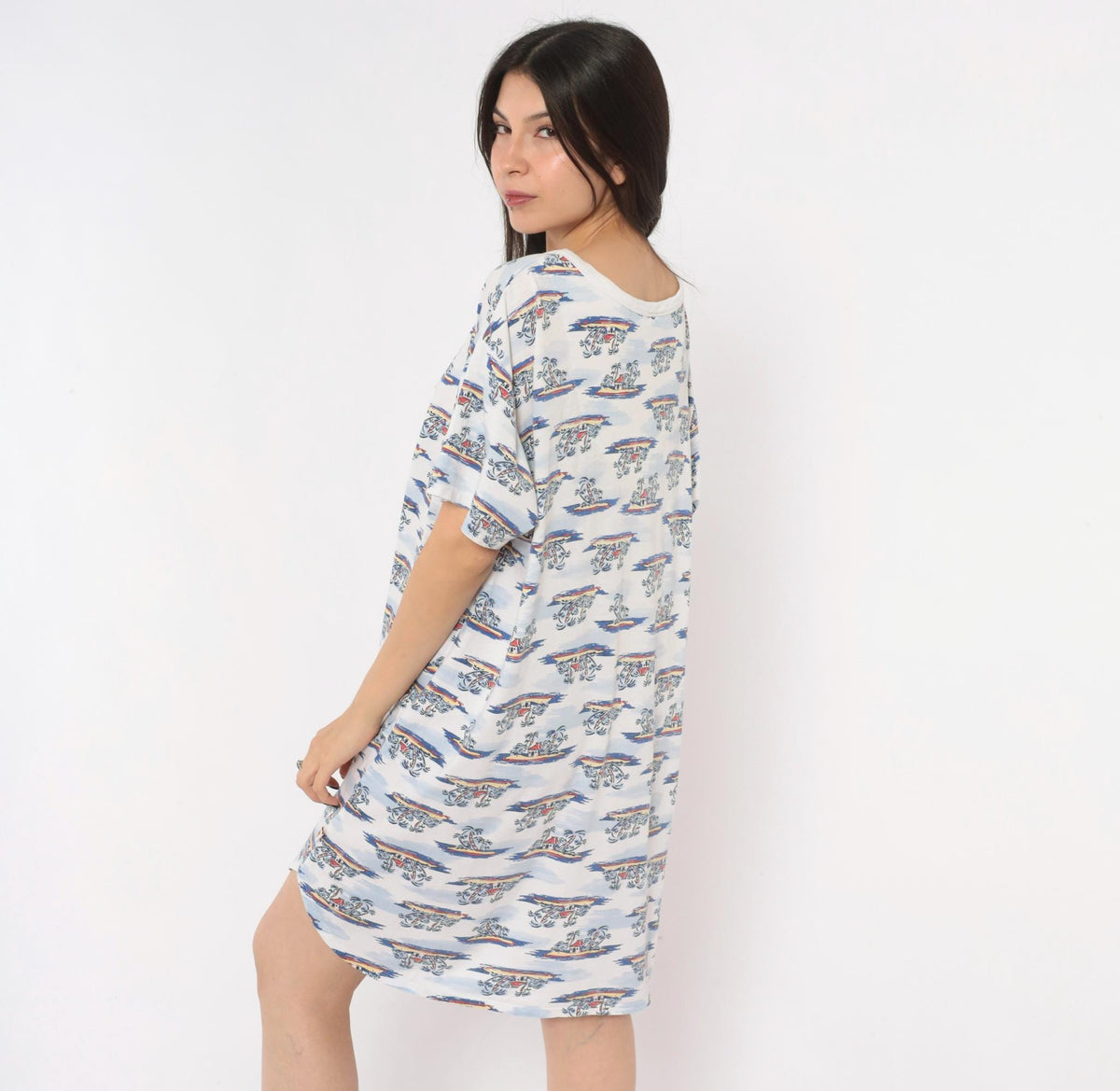 90s Down Under Tropical Palm Tree T-Shirt Dress White Blue Cotton One Size
