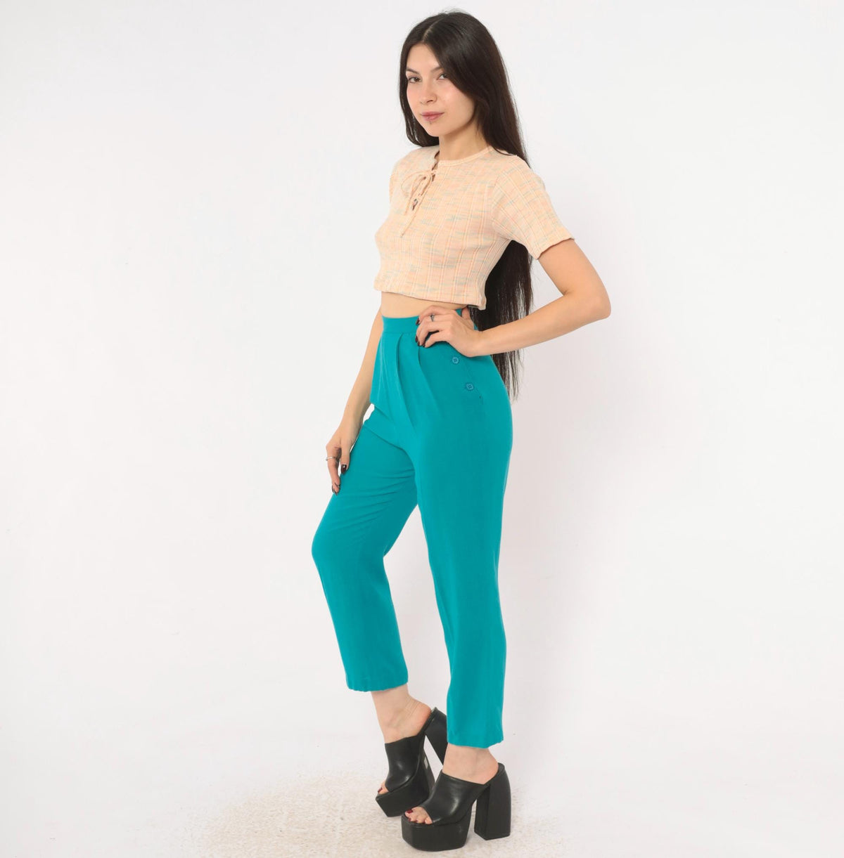 80s Teal Pleated High-Waist Tapered Trousers Prophecy Petites Extra Small