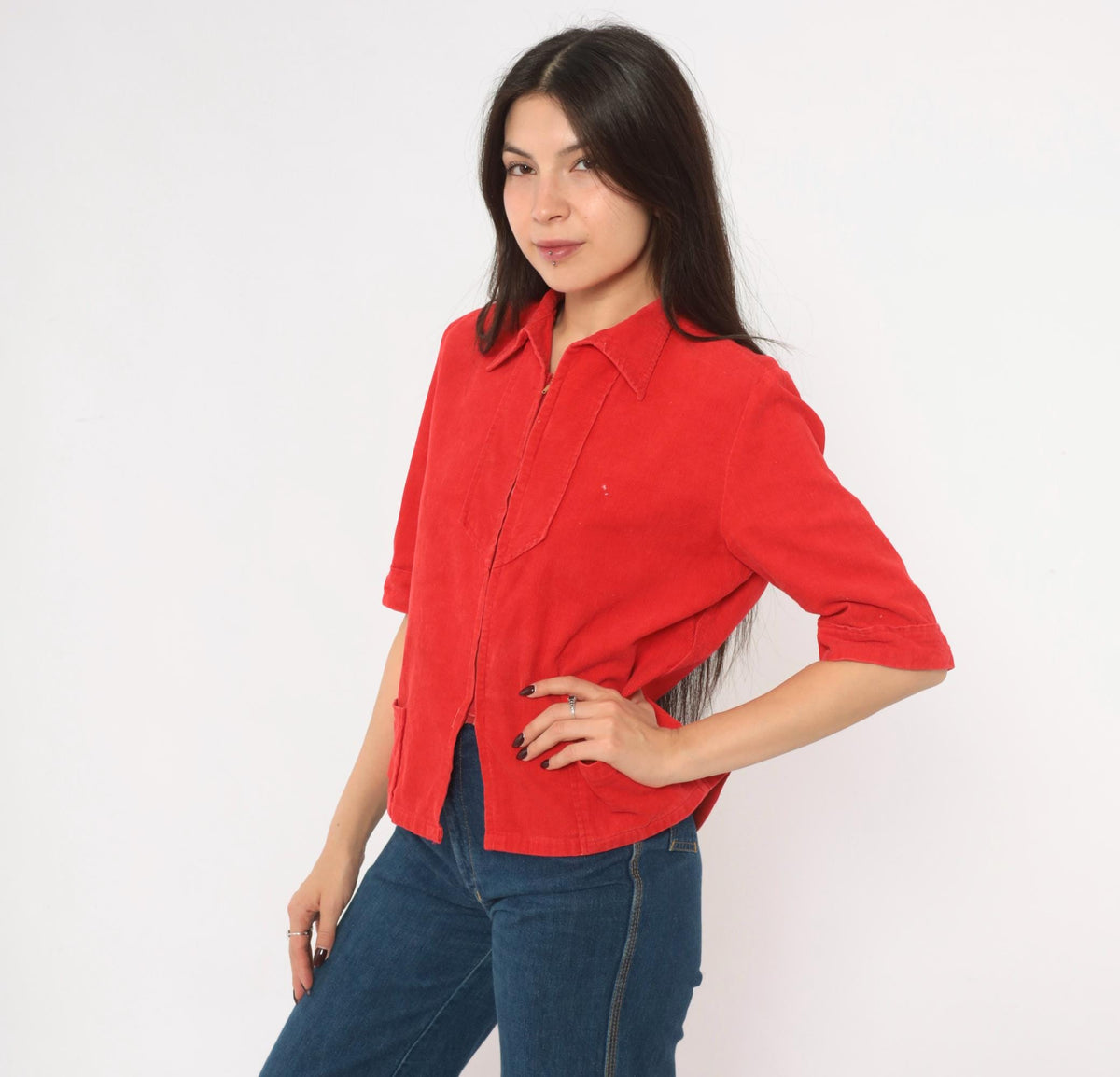 70s Red Corduroy Zip Shirt Pointed Collar Patch Pocket Cropped Blouse Small S