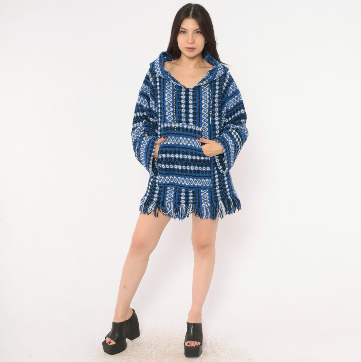90s Cobalt Blue Baja Hoodie Woven Stripe Kangaroo Pocket Unisex Large