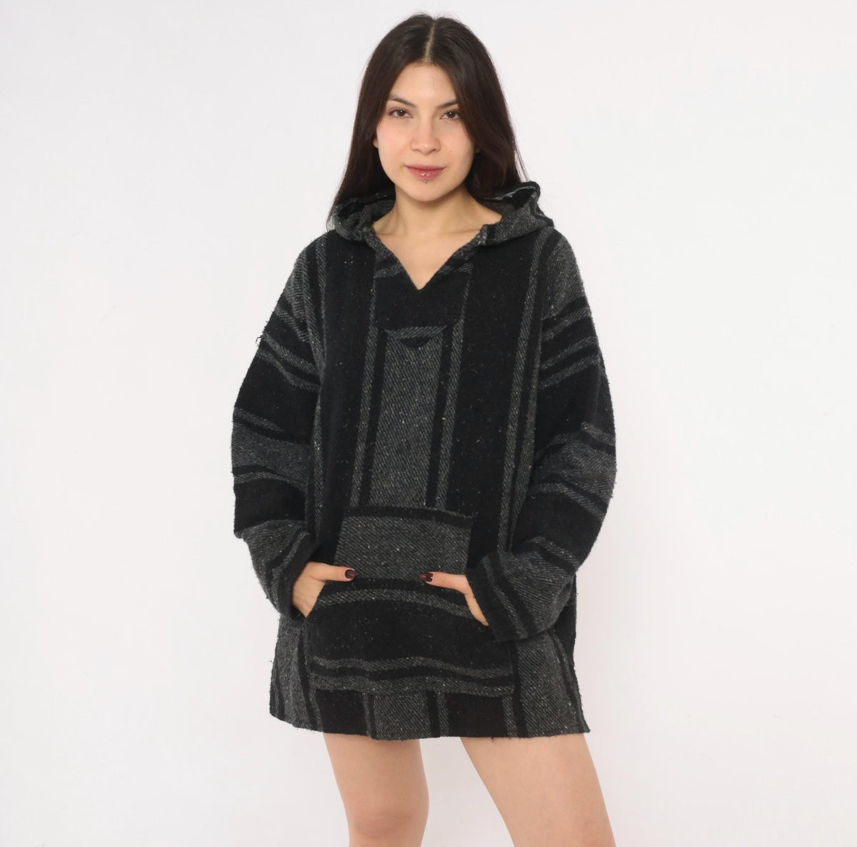 Y2K Peyote Baja Hoodie Black Grey Striped Woven Cotton Kangaroo Pocket Extra Large XL