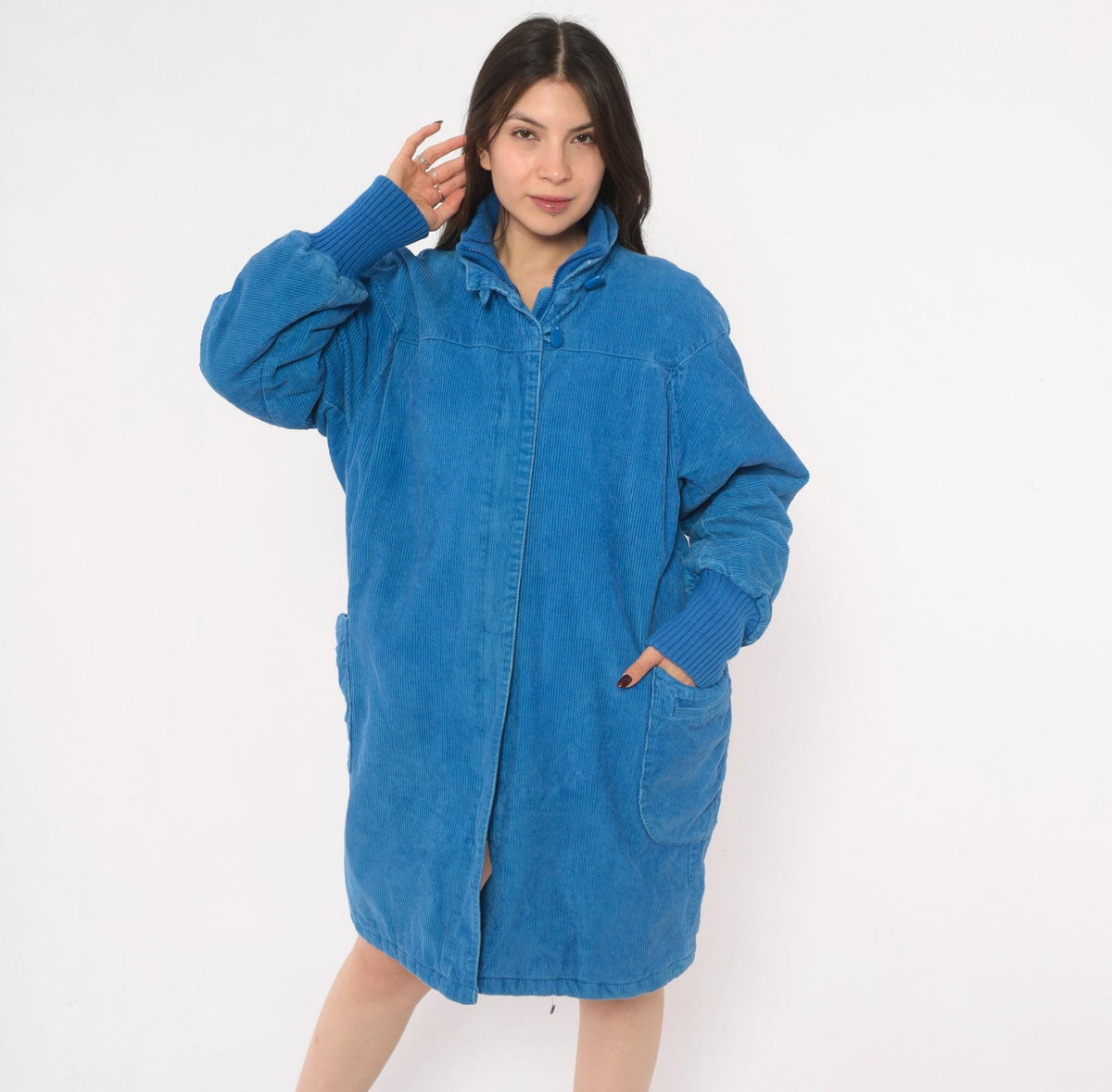 80s Windy Weather Corduroy Coat Blue Zip Front Stand Collar Large L