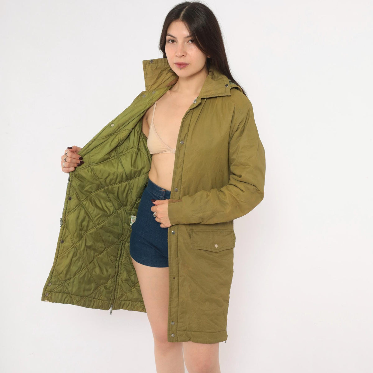 60s Olive Hooded Parka Jacket Nylon Military Field Coat Snap Zip Small