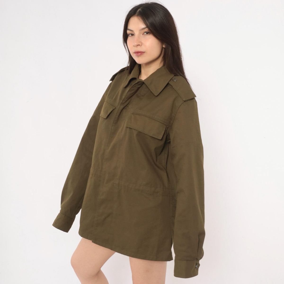 90s Olive Green Military Field Jacket Cotton Button Front Medium