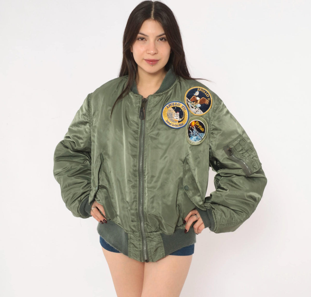 90s MA-1 Bomber Jacket Olive Green Reversible Orange Flight Coat Large L