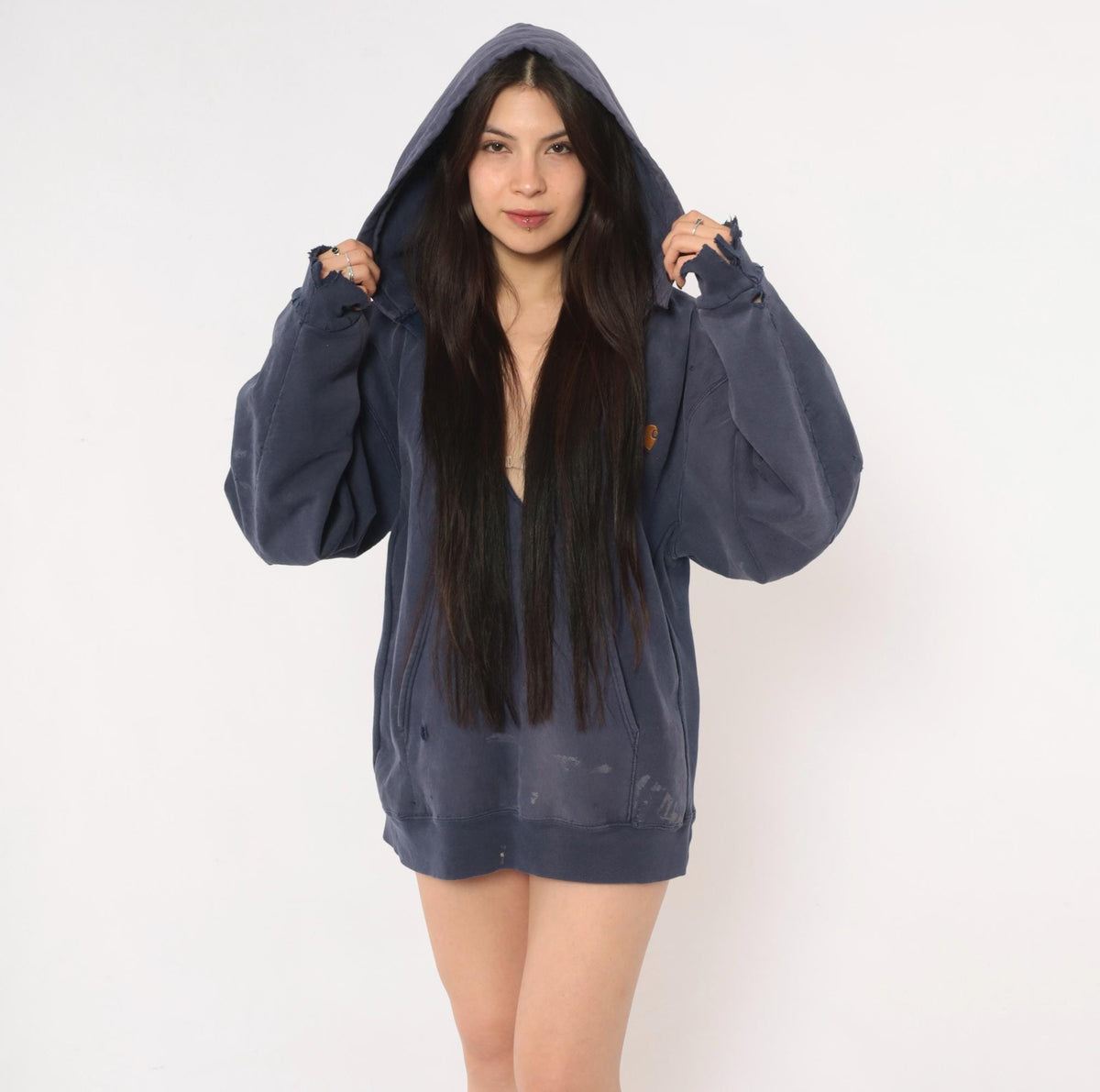 Y2K Carhartt Navy Hooded Sweatshirt Distressed Raglan Cotton Large