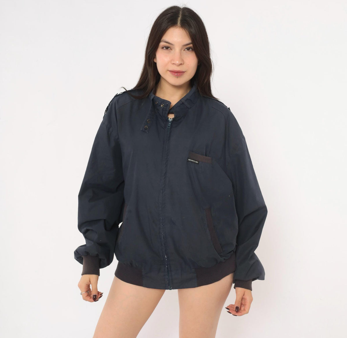 80s Members Only Bomber Jacket Navy Blue Zip Front Stand Collar Large L