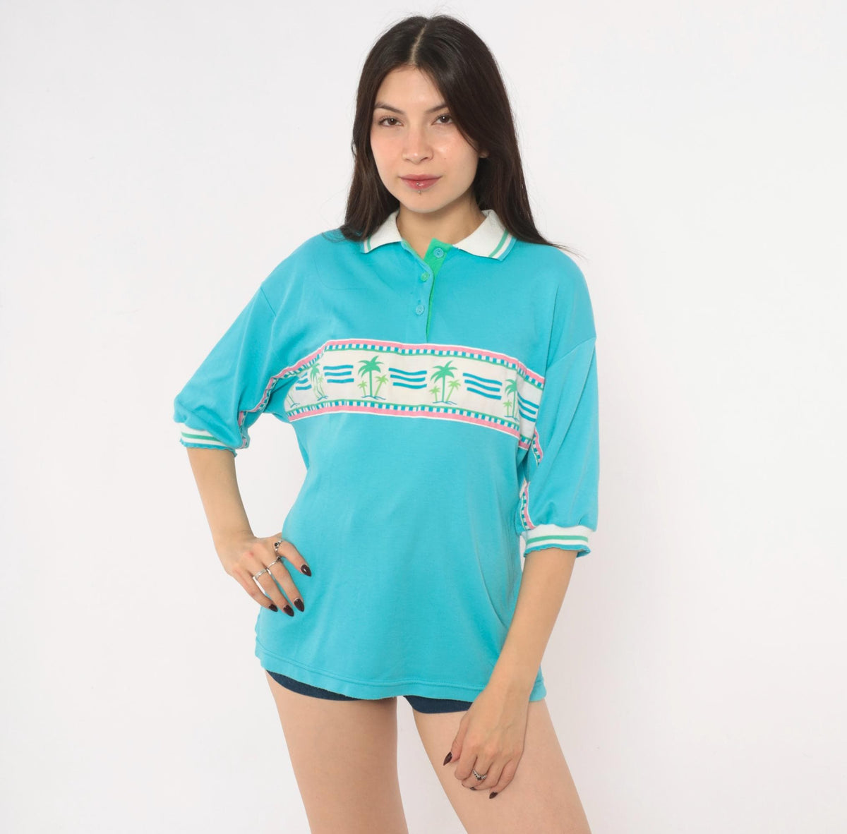 90s Pykettes Palm Tree Polo Shirt Turquoise Three Quarter Sleeve Medium