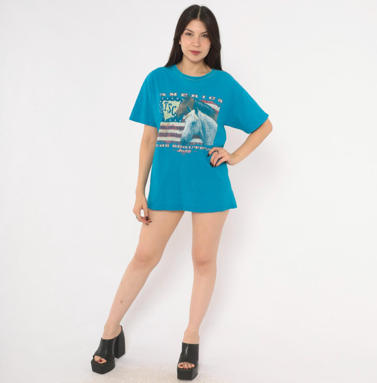 Y2K Horse Graphic Tee Teal Blue American Flag Western Cowgirl Medium M