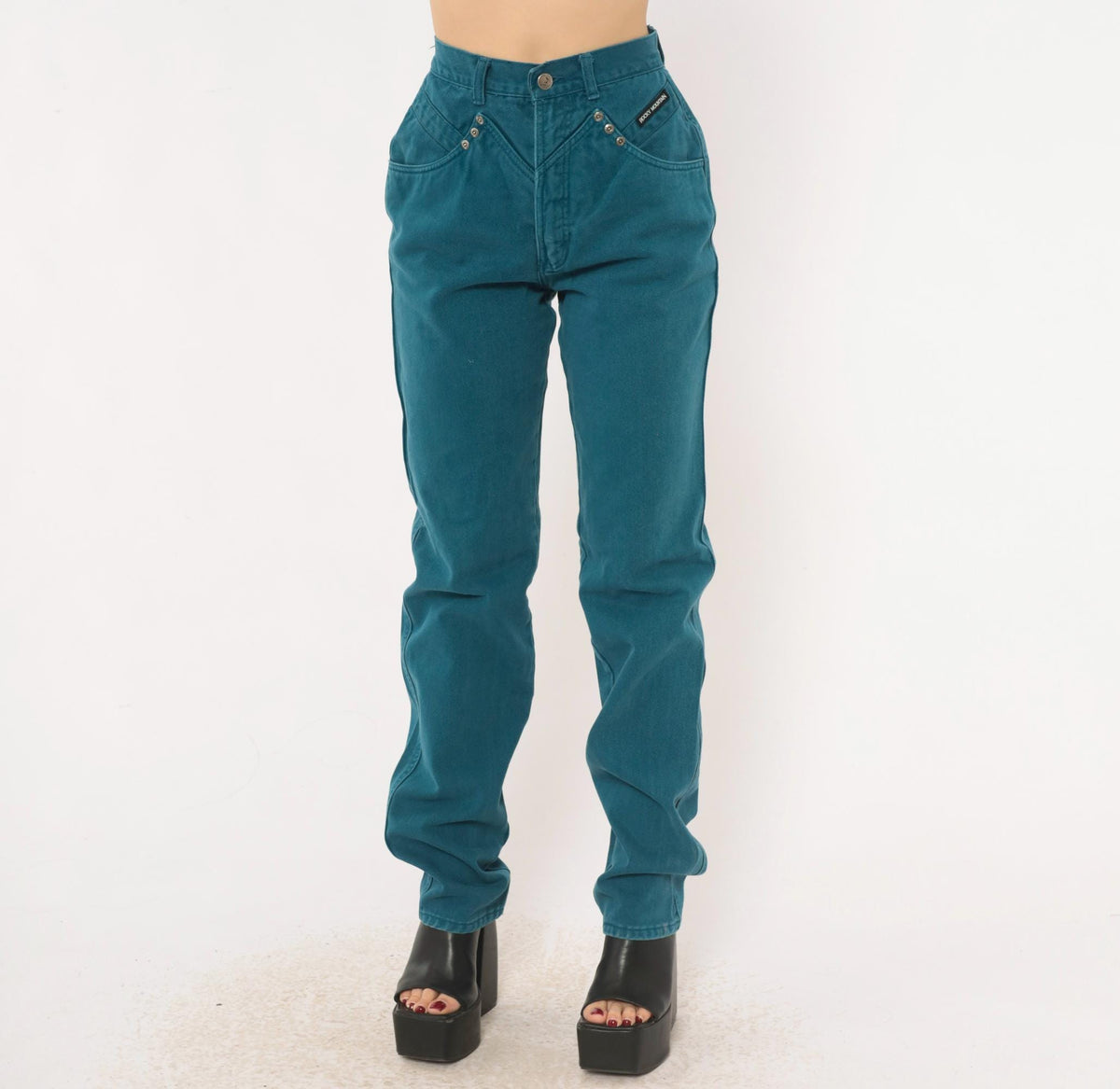 90s Rocky Mountain Teal Denim High Waist Mom Jeans Tapered Straight Leg Extra Small XS