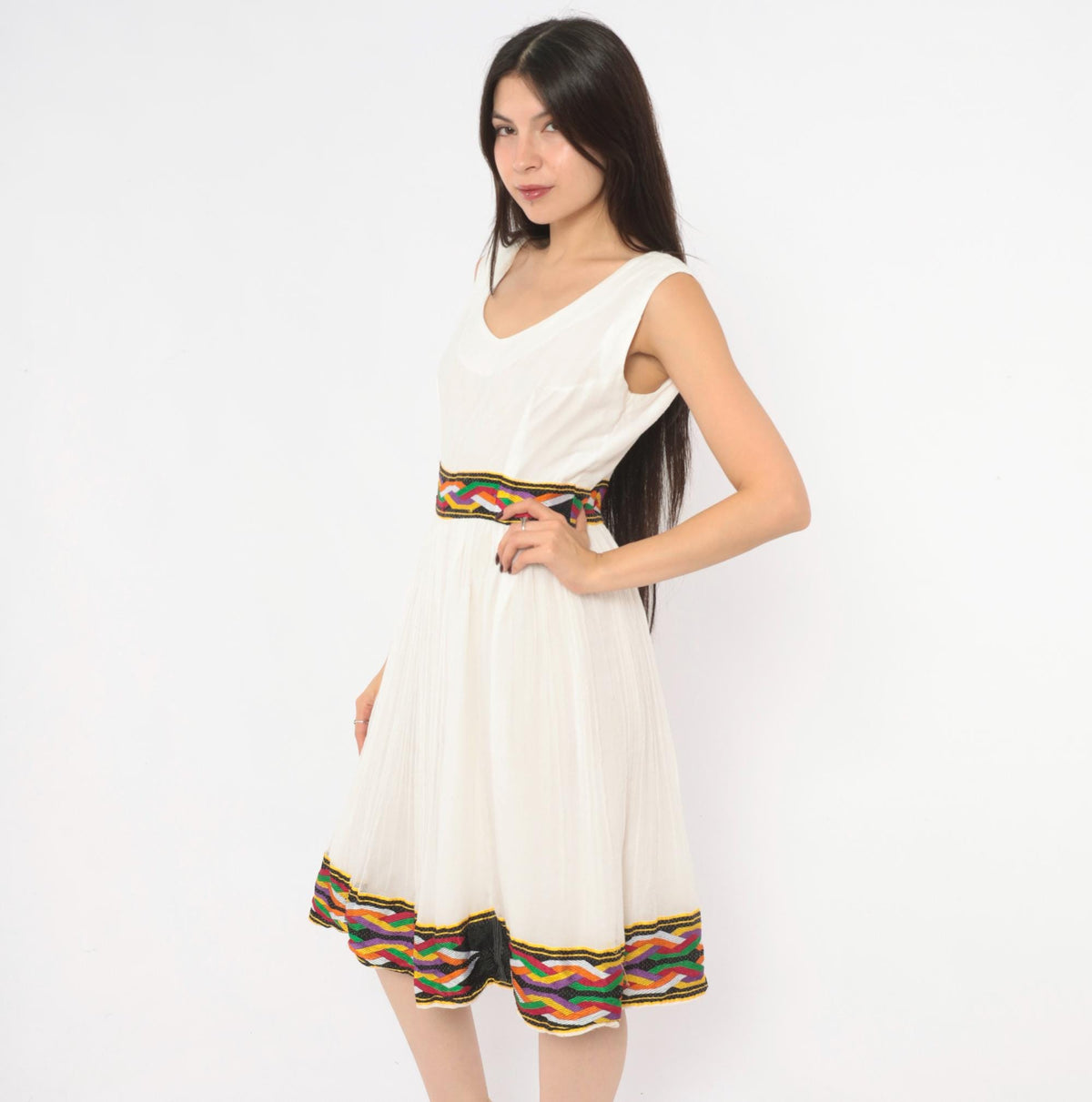 90s White Gauze Knee-Length Dress Ethiopian Habesha Embroidered Tibeb Multicolor Medium
