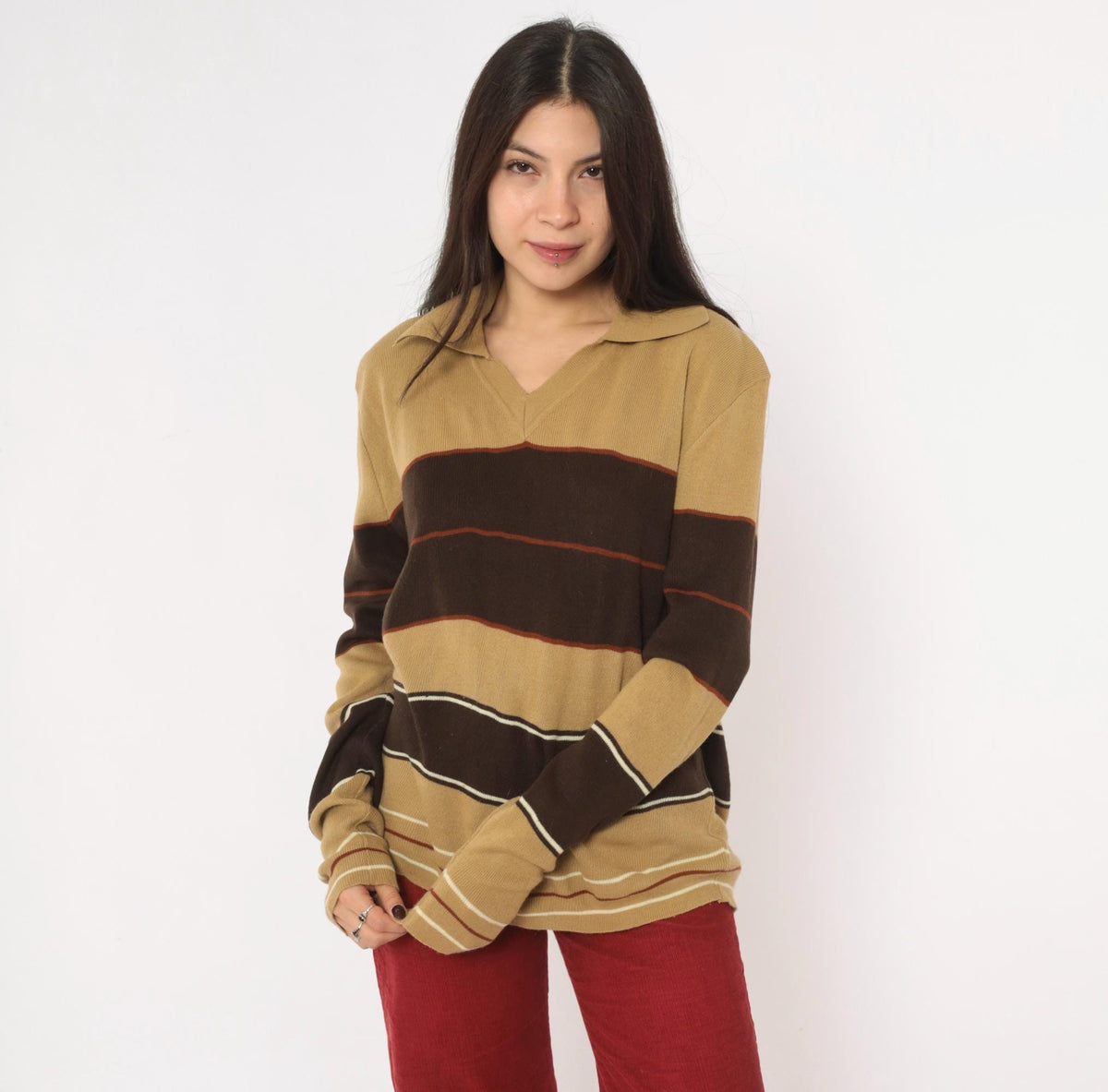 80s Alfie California Striped Polo Sweater Brown Tan Rust Medium