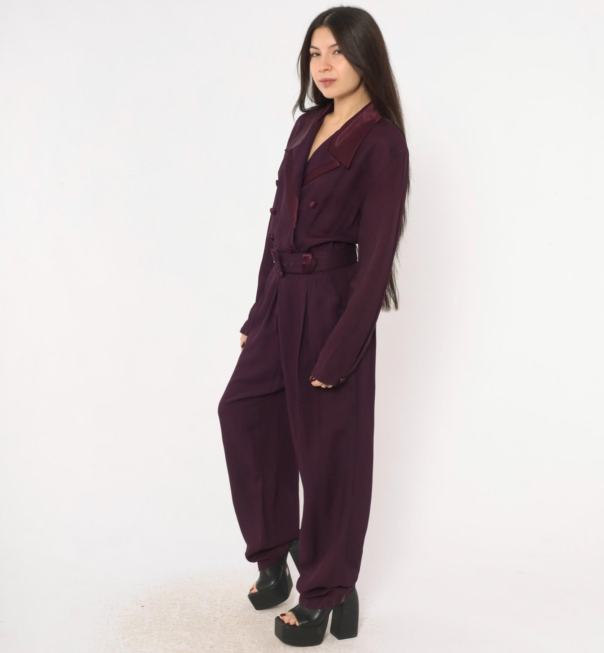 80s Studio I Plum Jumpsuit Double Breasted Satin Collar Belted Small