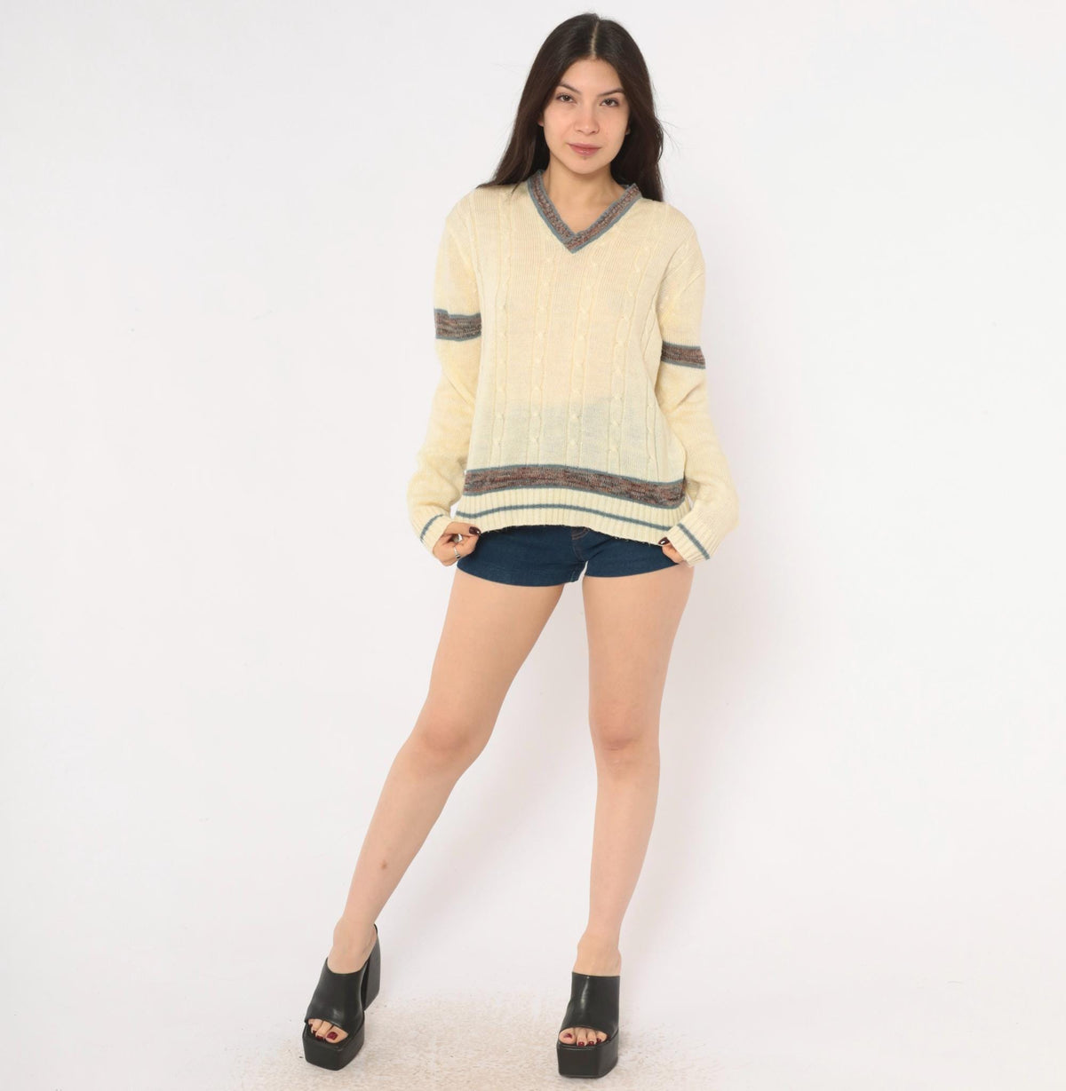 70s Kennington Cable Knit Sweater Cream V Neck Stripe Pullover Small