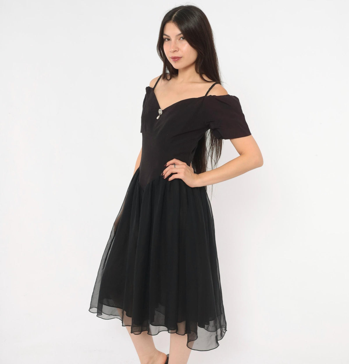 90s Nite Scarlett Black Midi Dress Sweetheart Neckline Puff Sleeve Small