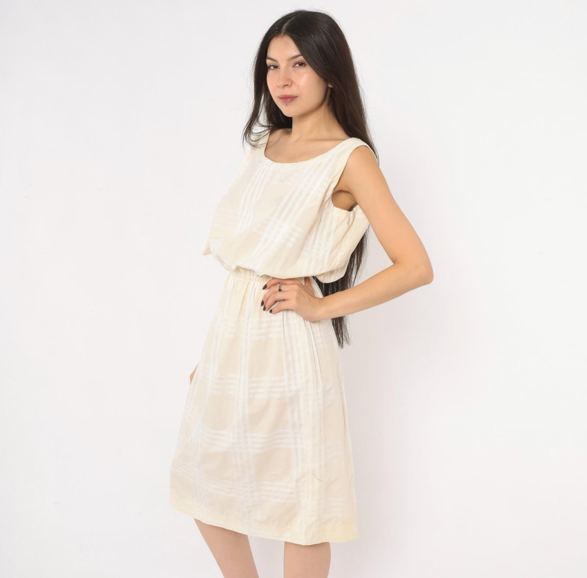 80s Cream Plaid Sleeveless Sundress Scoop Neck Blouson Waist Medium M