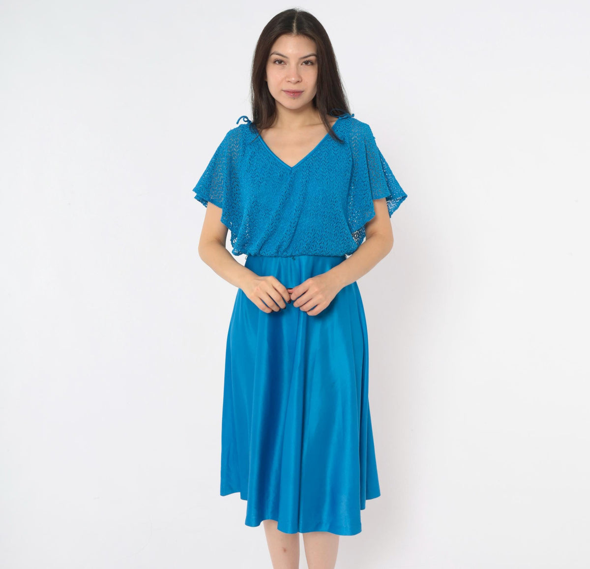 70s Cobalt Blue Crochet Knit Dress Flutter Sleeve V Neck Drop Waist Small