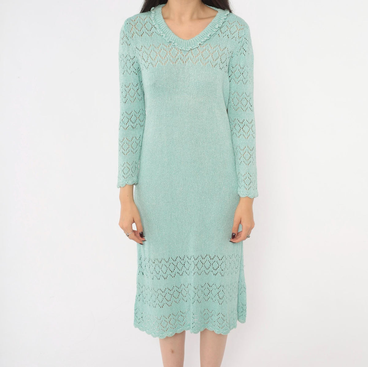 70s Seafoam Pointelle Knit Dress Cotton V-Neck Scalloped Long Sleeve Medium