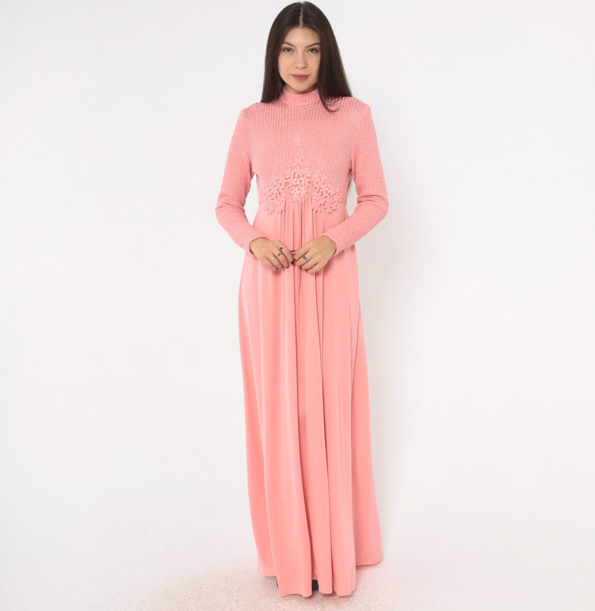 70s Pink Maxi Dress Knit Bodice Floral Lace Empire Waist Long Sleeve Medium