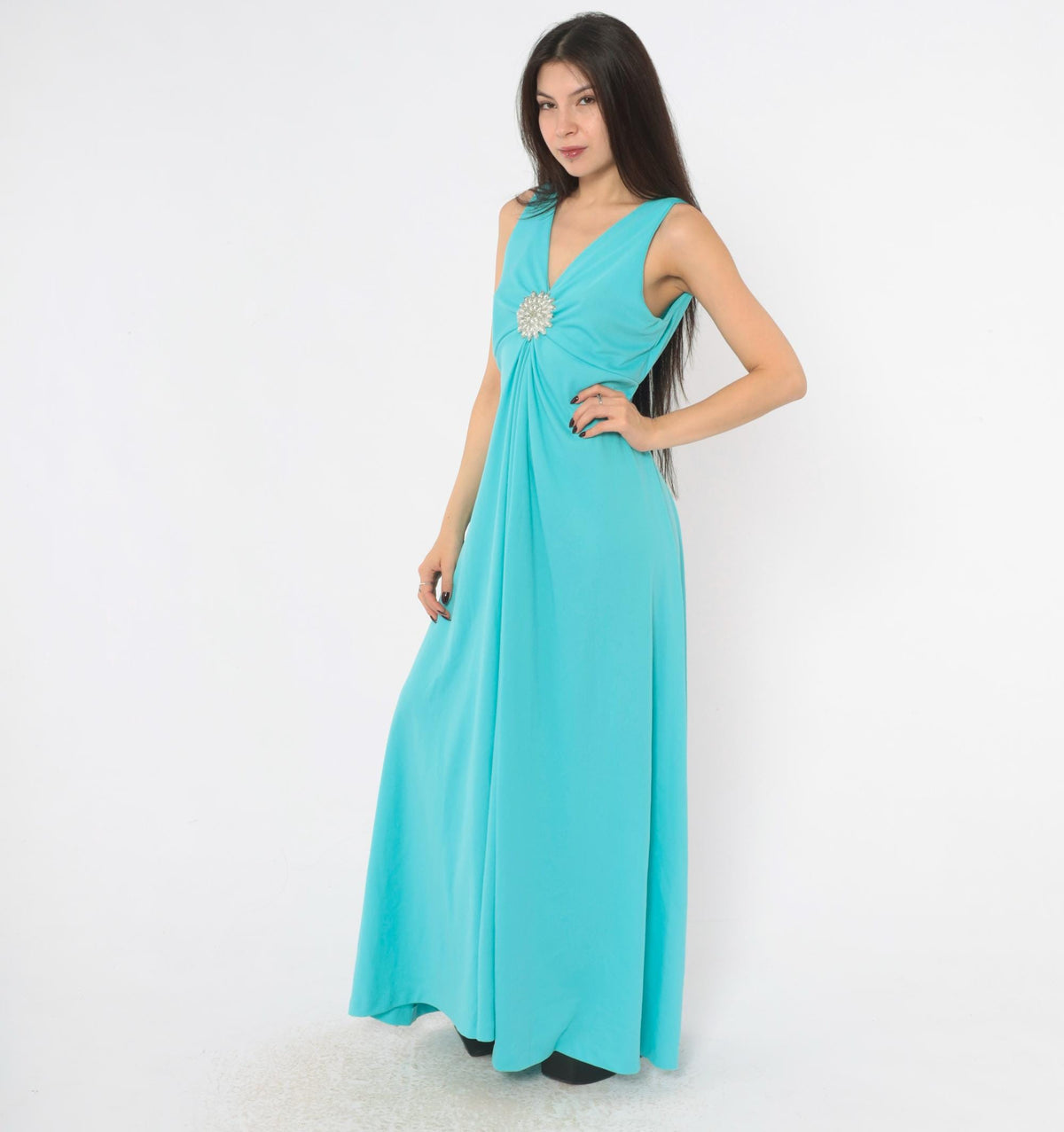 70s Turquoise Maxi Dress Deep V Neck Empire Waist Rhinestone Brooch Large L