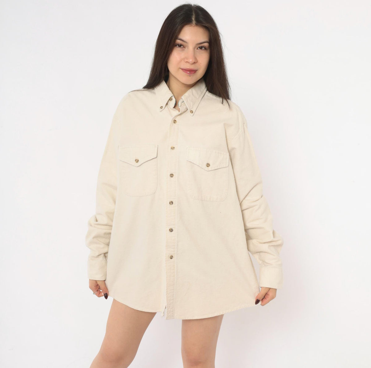 90s John Ashford Sport Cream Flannel Button Up Shirt Cotton Large