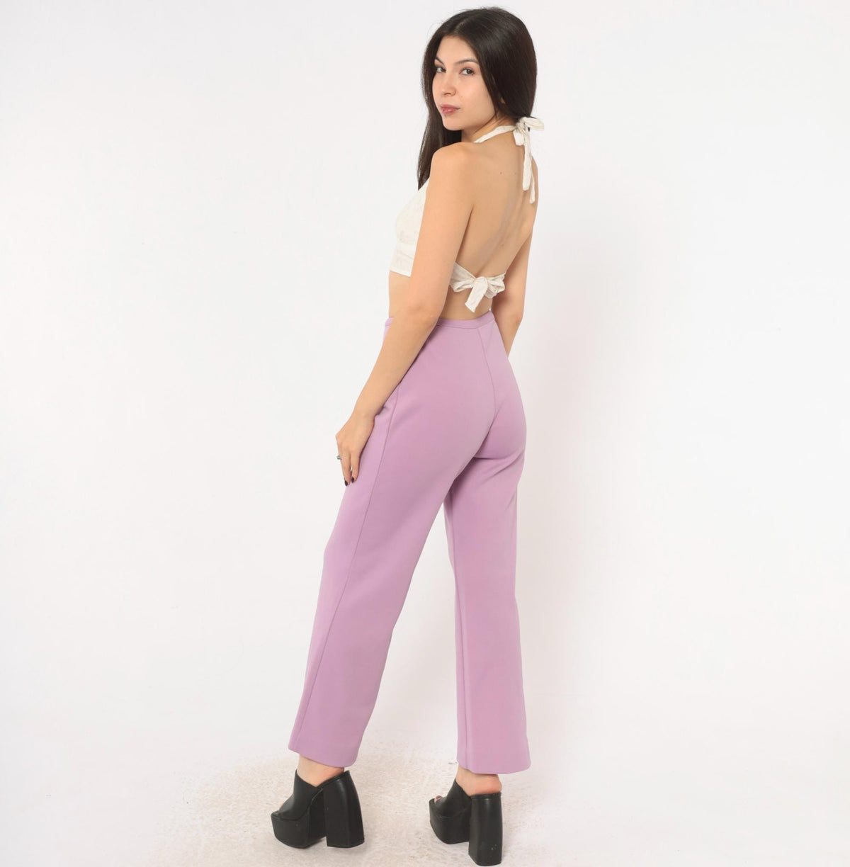 70s Lavender High-Waist Wide-Leg Flare Pants Pull-On Cropped Small