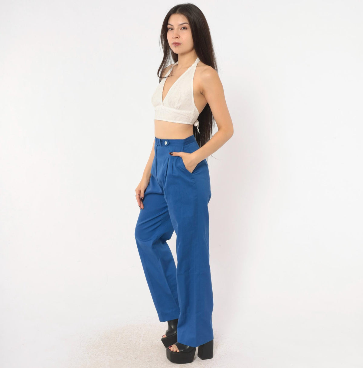 70s Evan-Picone Cobalt High-Waist Pleated Trousers Straight Leg Small S