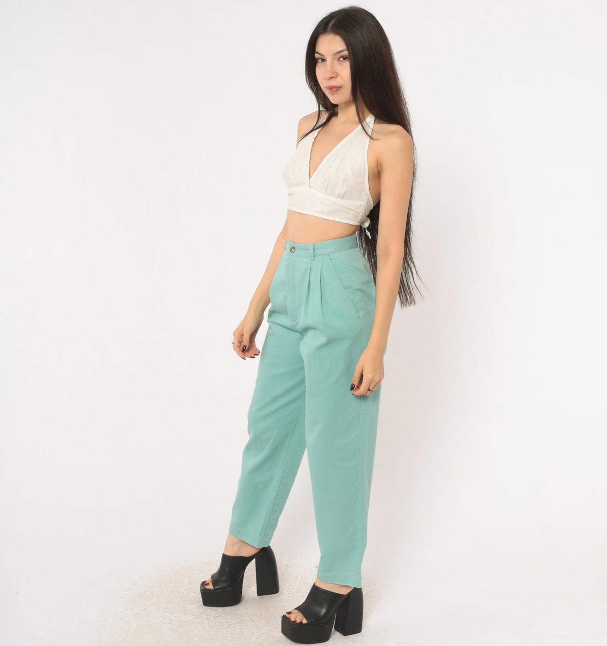80s Petite Sophisticate Baby Blue Cotton High-Waist Pleated Tapered Trousers Extra Small