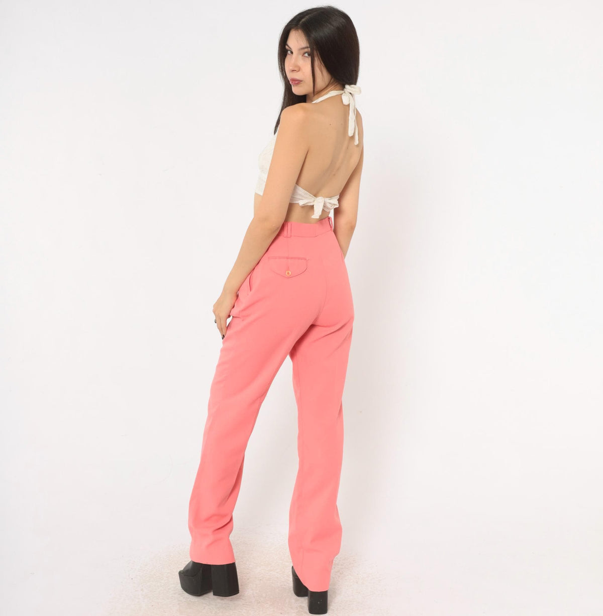 70s Funny Girl Peach High-Waist Straight Trousers Pleated Front Small