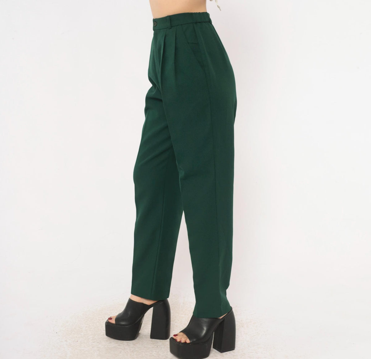 80s La Donna Forest Green Pleated High-Waist Trousers Tapered Leg Extra Small