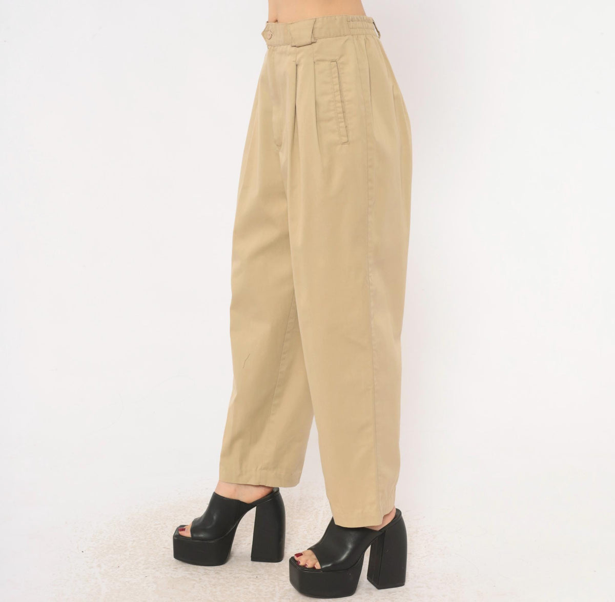 80s Casablanca Pleated Khaki Trousers High Waist Tapered Ankle Beige Medium