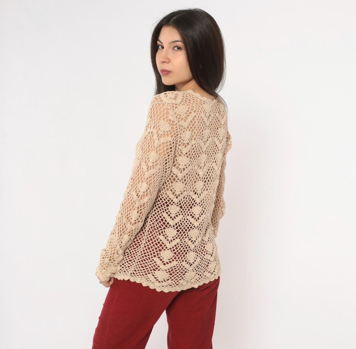 90s Beige Crochet Cardigan Floral Openwork Knit Small S