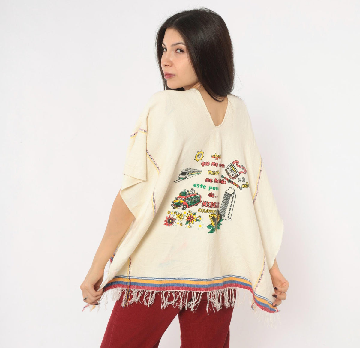 80s Medellin Colombia Souvenir Poncho Cream Cotton Graphic V Neck Fringe One Size