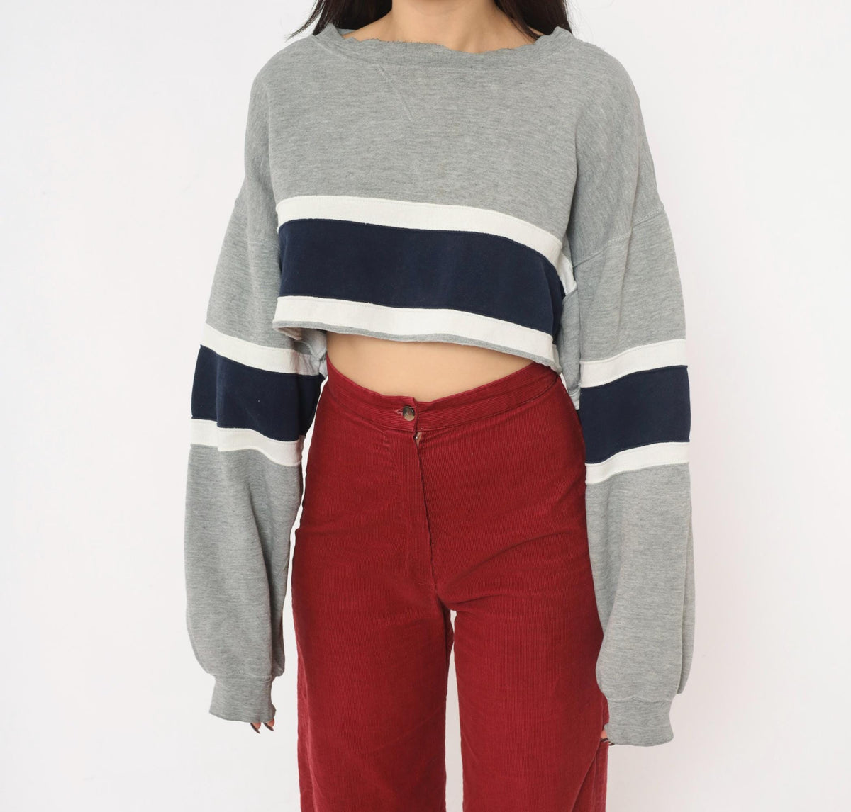 90s Decker Sportswear Cropped Sweatshirt Grey Navy Stripe Boat Neck Small