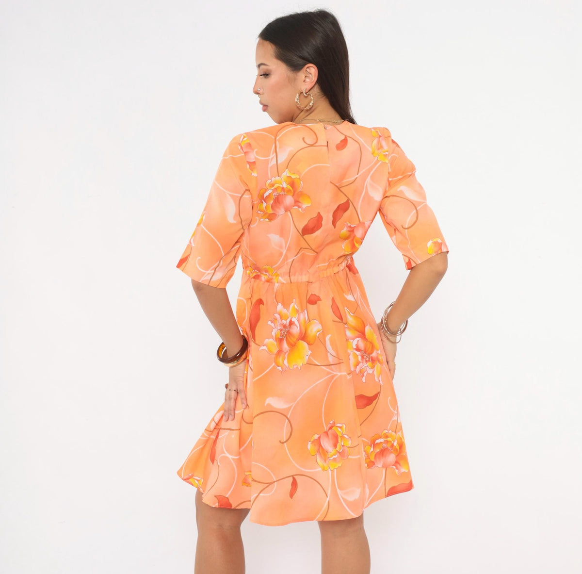 90s Orange Floral Knee-Length Dress V-Neck Button Front A-Line Medium M