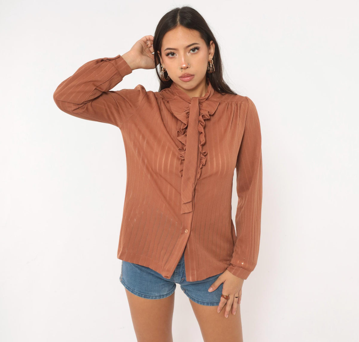 70s Graff Tan Ruffle Jabot Blouse Mock Neck Pleated Semi-Sheer Medium