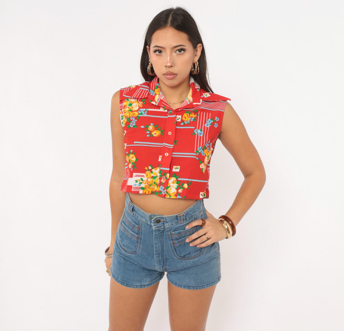 70s Red Floral Crop Top Yellow Rose Print Sleeveless Button Front Blouse Medium